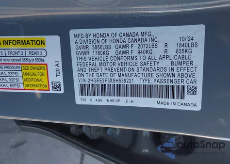 2025 Honda Civic Sport z USA, uszkodzony, nr VIN 2HGFE2F5XSH539221